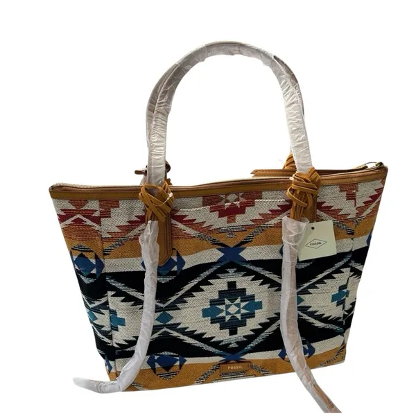 Fossil Sydney Canvas Tote Purse Aztec Southwestern Boho Geometric Zip Top NWT - Image 10