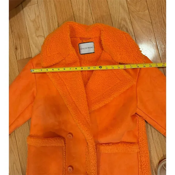 Azalea Wang Coat Womens Size S Orange Sherpa Lined Long Double Breasted - Image 6