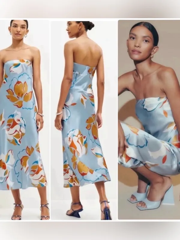 Reformation Strapless Floral Midi Dress in Light Blue and Mustard - Image 2