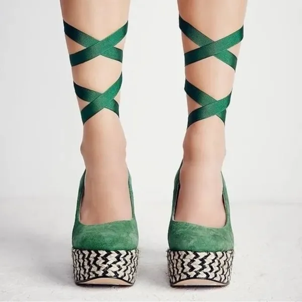 Free People Suede Lace Up Charade Espadrille Wedge Heels Green Size 36 US 5.5 - Image 5