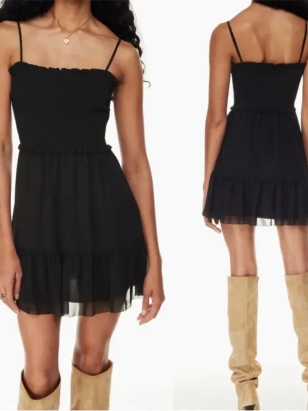 Aritzia Wilfred Tempest Sleeveless Mini Dress Smocked Black Large NWT - Image 3
