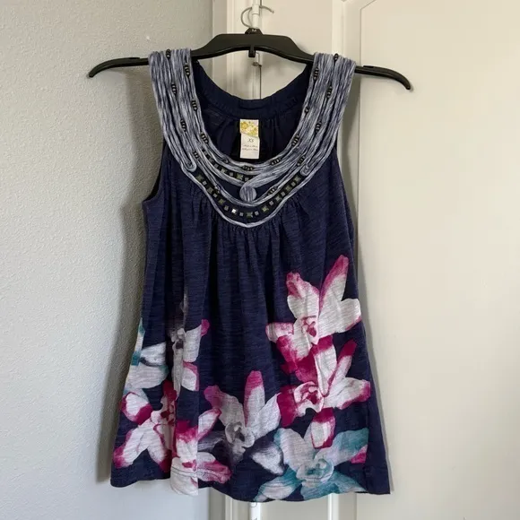 Anthropologie XS Navy Floral Tank Top Boho Beaded Scoop Neck Embellished Blouse - Image 8