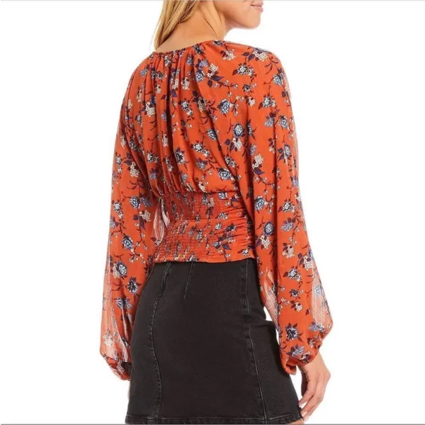 Free People Final Rose Blouse Rust Orange Floral Ruched Sweetheart Top Large - Image 7