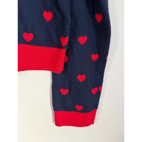 Zara Heart Print Cardigan Sweater Women M Navy Blue Red Polo Polka Dots JACQUARD - Image 4