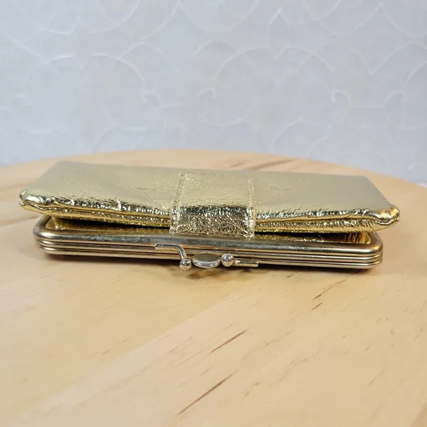 Vintage Clutch Wallet Womens 8"x5" Metallic Gold Kiss Lock Bi-Fold Evening Purse - Image 3