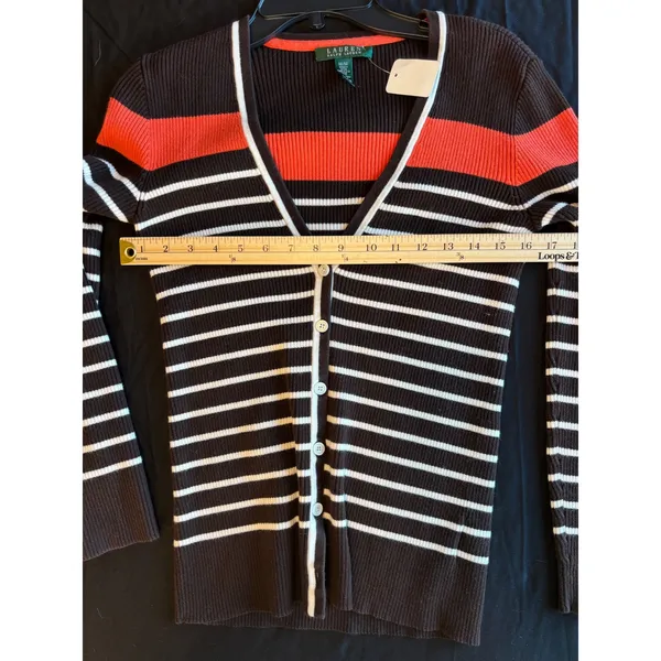 Lauren Ralph Lauren Brown Striped Ribbed V-Neck Cardigan Sweater Orange White M - Image 5