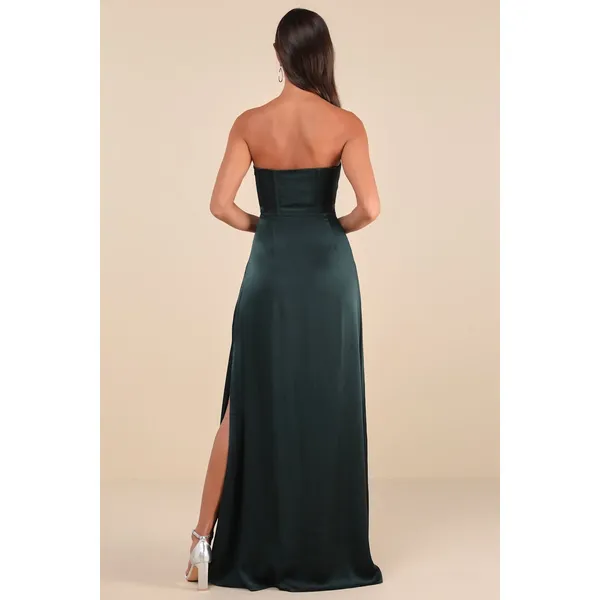NWT Lulus Extraordinary Presence Dark Green Satin Strapless Maxi Dress Holiday L - Image 3