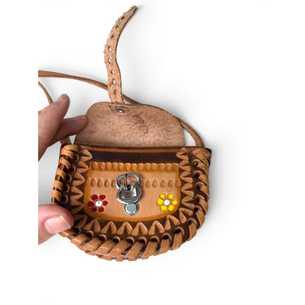 vintage handmade leather mini girls coin purse shoulder bag tooled crossbody - Image 5