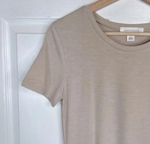 Treasure & Bond Women's Beige Oatmeal Ruched Side T-Shirt Midi Dress Size M - Image 3
