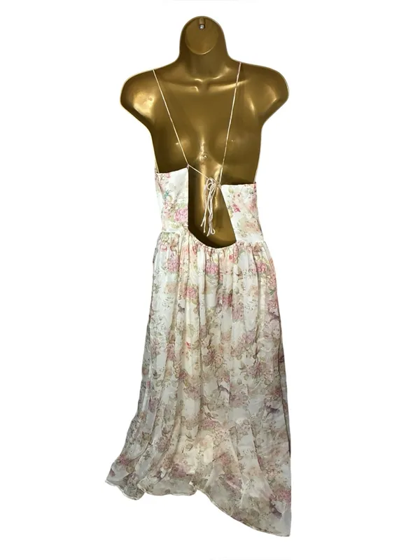 Storia Floral Maxi Dress Open Back V-Neck Ivory M - Image 4