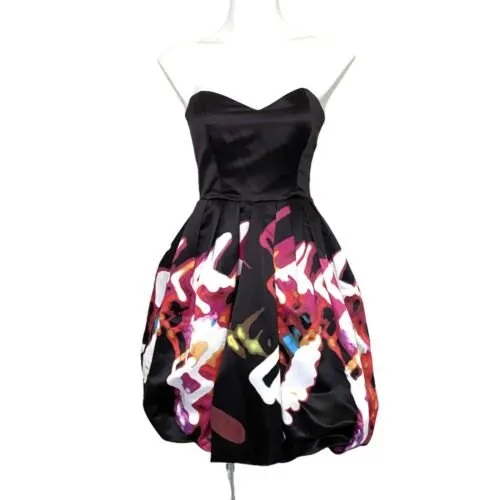 PARKER Remi Black Satin Print Strapless‎ Fit & Flare Party Dress 2 Hoco - Image 12