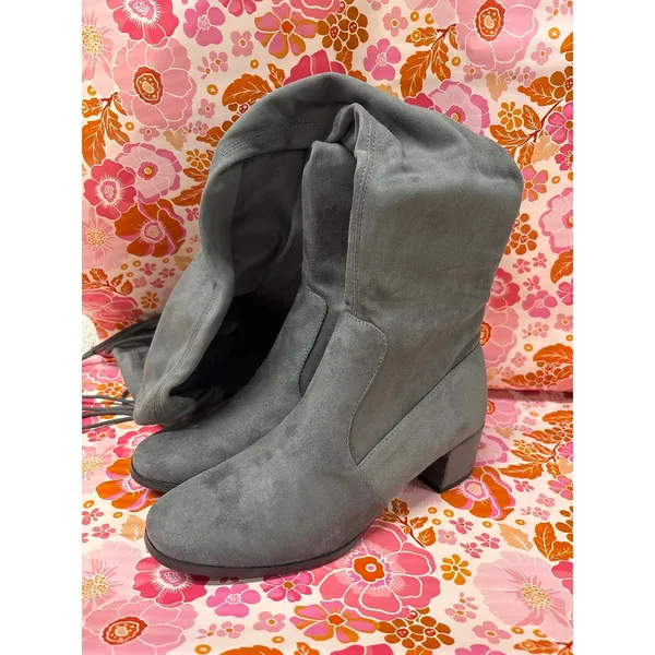 Chinese Laundry 6.5 Gray Suede Leather Tieland Over The Knee Heeled Tall Boots - Image 2