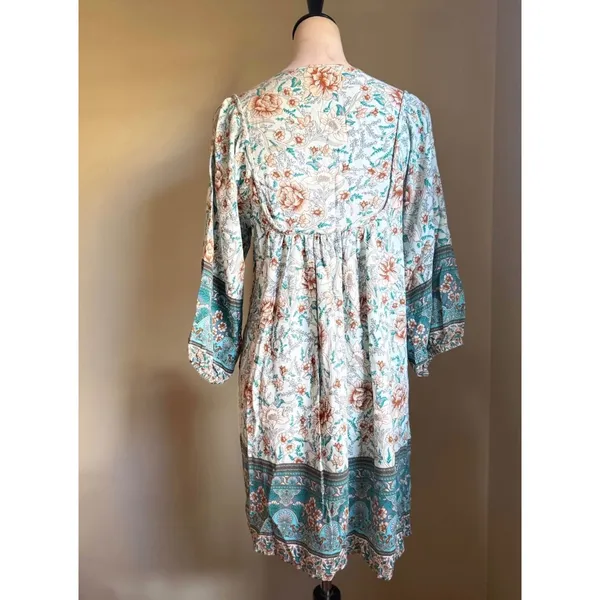Boho Floral Mini Dress Blue Teal Babydoll Tie Neck Med cottage resort bohemian y - Image 3