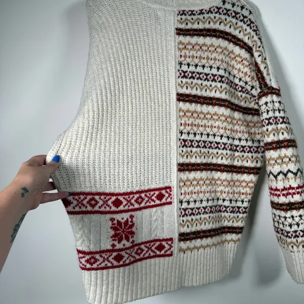 AMERICAN EAGLE Cream and Burgundy Cozy Cabincore Chunky Sweater Extra Large - Image 3