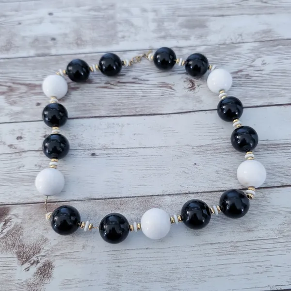 Vintage Monet Necklace Chunky Statement Black, White, Gold Tone - Image 2