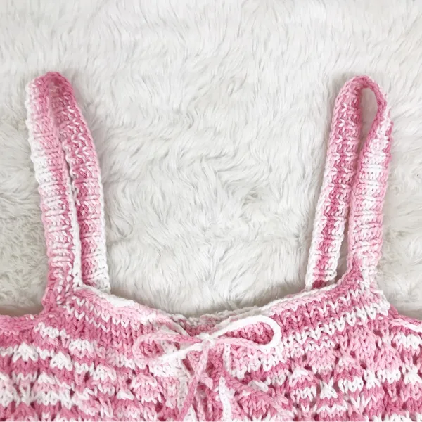 VINTAGE Pink White Handmade Crochet Tank Top Boho Indie Cottagecore Size‎ L XL - Image 5