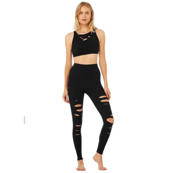 Alo Yoga Warrior High Rise Waist Edgy Goth Black Ripped Slashes Leggings S - Image 3