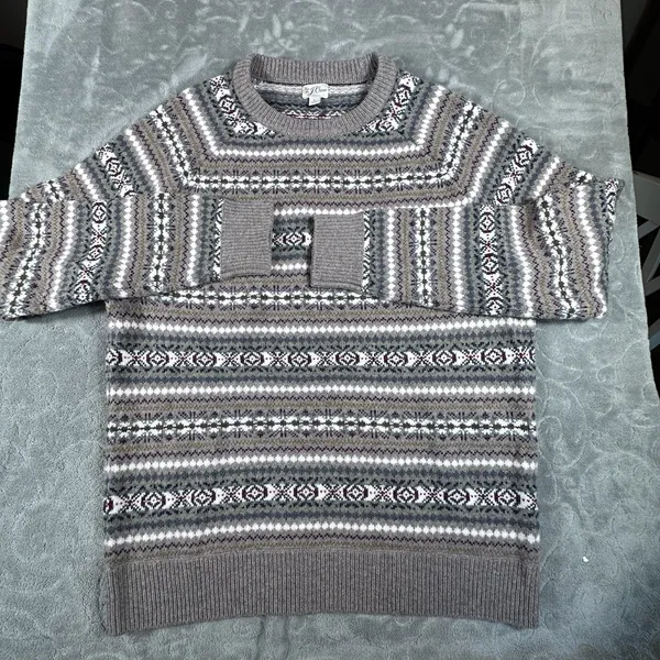 J Crew 100% Merino Wool Intarsia Sweater Gray Purple Fair Isle Womens Large - Image 9