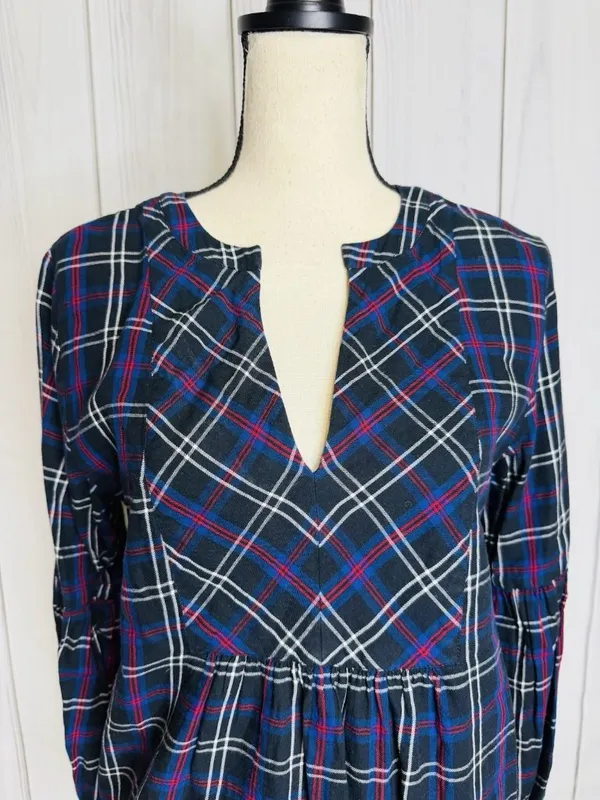 Ann Taylor Loft Plaid Tunic Blouse Women's Sz M V-Neck Black Blue Red - Image 2