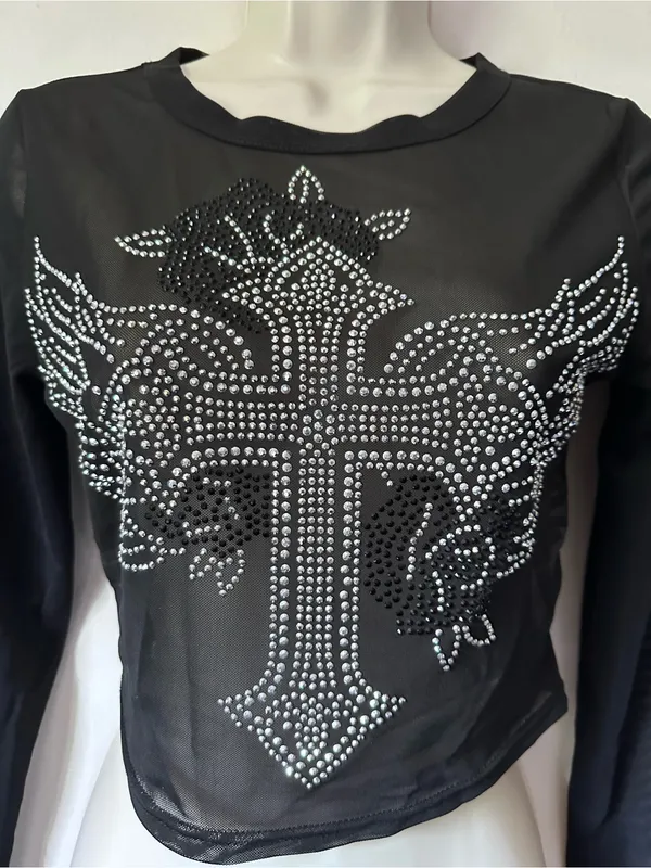 Black Mesh Long-Sleeve Crop Top with Rhinestone Cross - Image 2