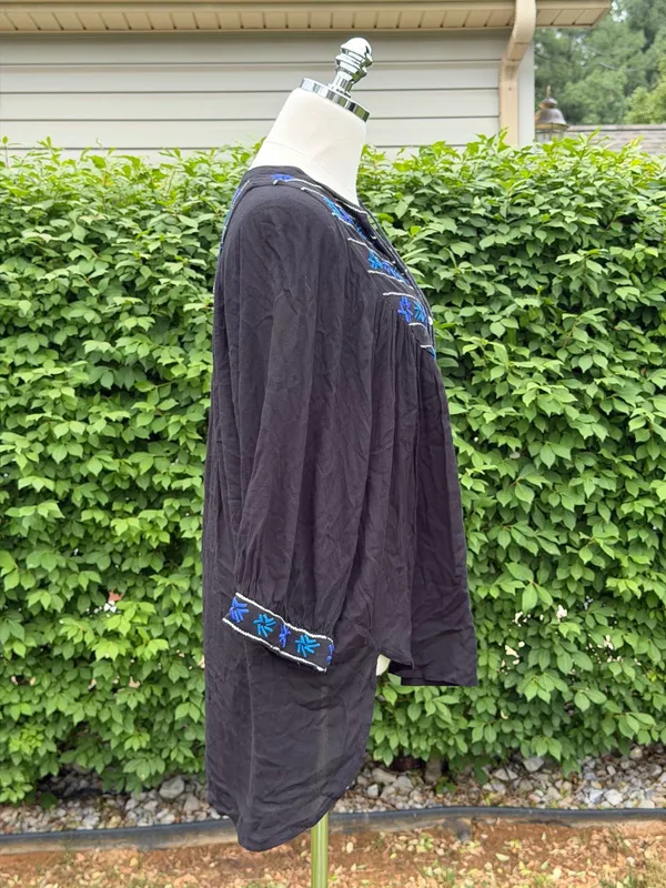 Free People Embroidered Boho Tunic Top Black Blue Festival Peasant Indie Artisan - Image 6