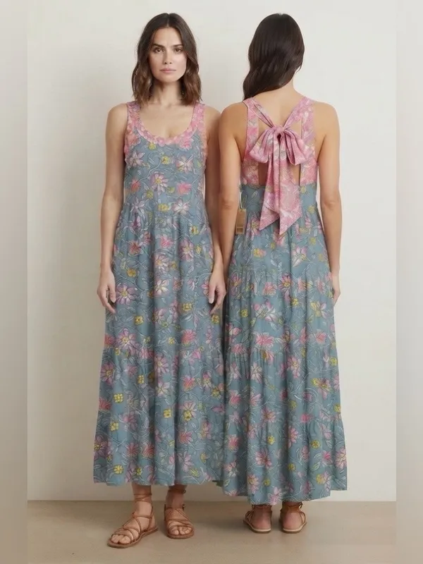 Natural life Hallie halter maxi dress blue floral rayon boho flow size medium - Image 2