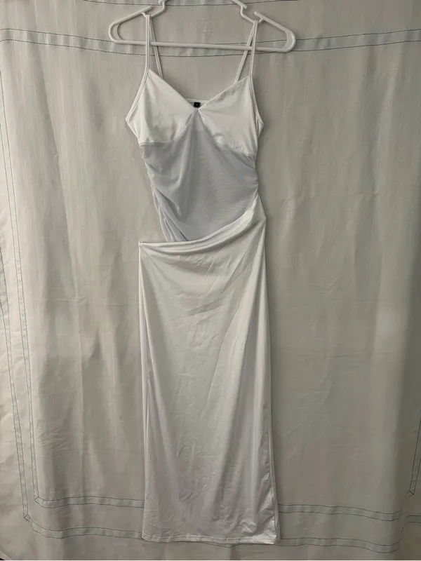 Midi Dress White Ruched Mesh Bust Slip women’s size Small NWOT(E72) - Image 3