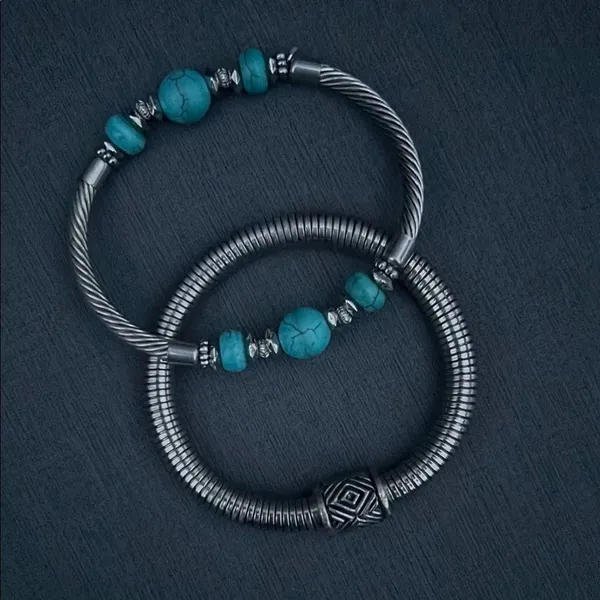 Set of 2 Silver & Turquoise Beaded Bracelets Boho Western Southwestern Jewelry - Image 2