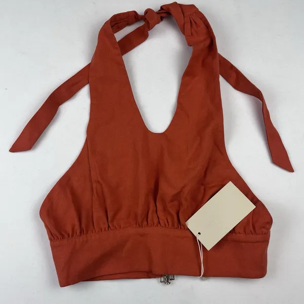 Meshki Women’s Linen Halter Top Crop Rust Orange Small Tie Back Adjustable New - Image 2