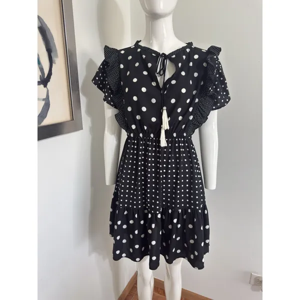 Zara Polka Dot Mini Dress Black White Ruffle Sleeve V-Neck Boho Summer Tassel XS - Image 2