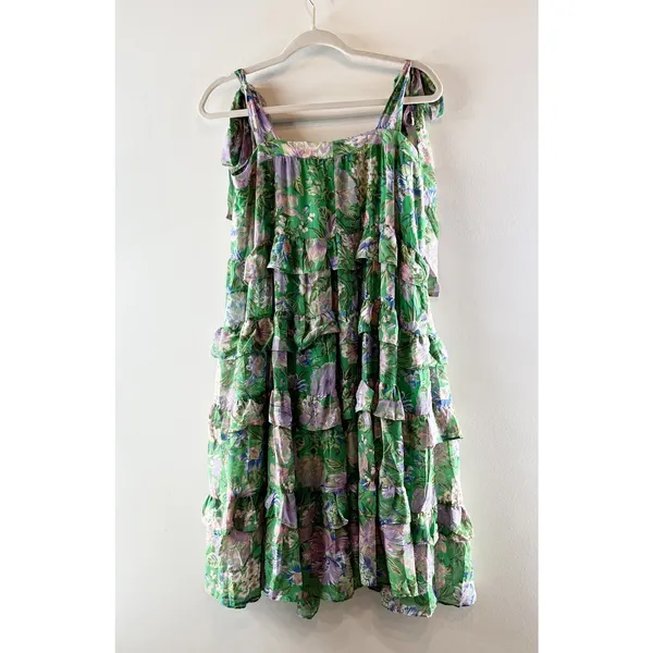 Olivaceous Floral Print Sleeveless Tie Shoulder Tiered Midi Dress Green Small - Image 3