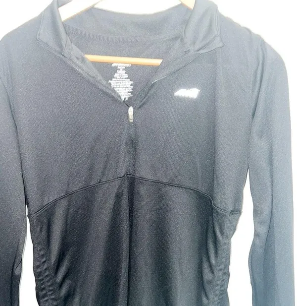 Avia Black Long Sleeve Ruched Tie Side Thumbhole Quarter Zip Active Top - Image 2
