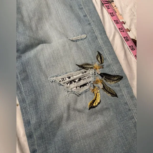 White House Black Market Light Wash Embroidered Distressed Straight Leg Jeans - Image 4