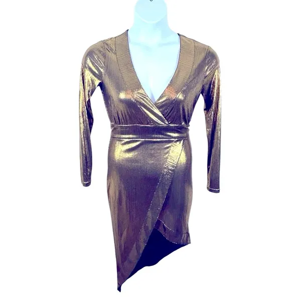 Lulu’s Metallic Gold Faux Wrap Asymmetrical Party Dress Semi Sheer Small Glam - Image 3