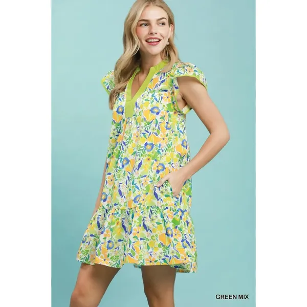 Umgee Floral Flutter Sleeve Tiered Mini Dress - Green Mix - Medium - Image 2