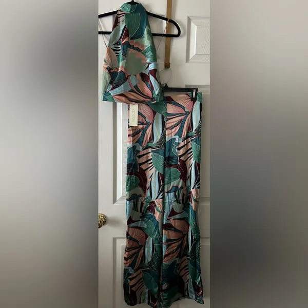 Rachel Zoe Women’s 2-Piece Tropical‎ Palm Print Satin Halter & Pant Set Small - Image 14