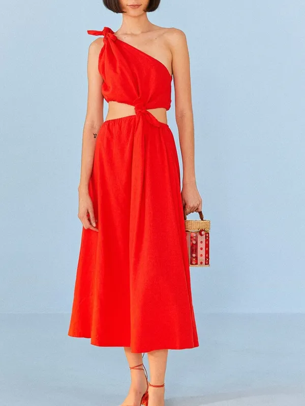 FARM RIO One-Shoulder Cutout Linen-Blend Midi Dress Women’s Sz S - Image 2