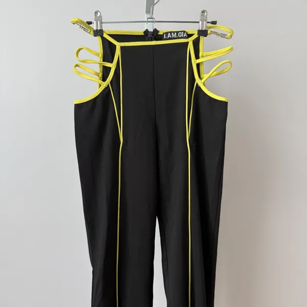 I.AM.GIA sz S Lucid Pant Black Neon Yellow Cut Out Strappy Flare‎ Rave Y2K - Image 2