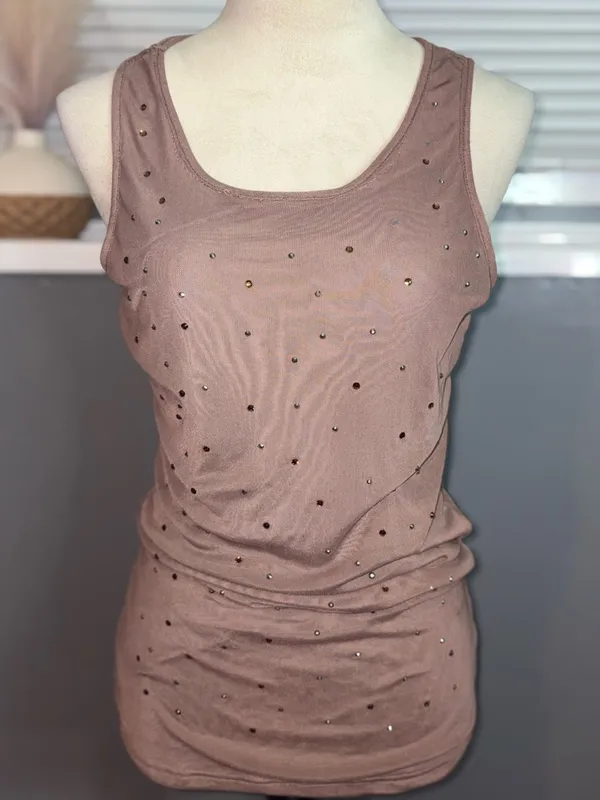 Brown Rhinestone Ruched Mesh Back Tank Top Size Large – Y2K Going Out - Image 4