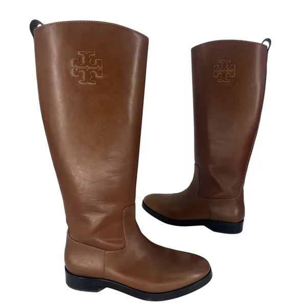 Tory Burch Riding Logo Embossed Leather Knee‎ High Boots Brown 10.5 - Image 2