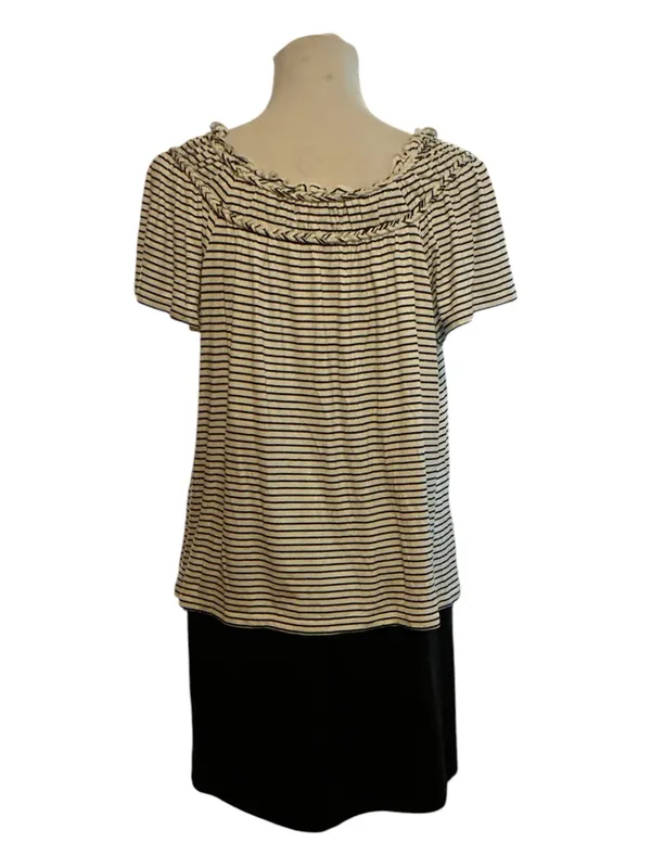 Max Studio London Black White Striped Short Sleeve Top Smocked Neck Med M - Image 2