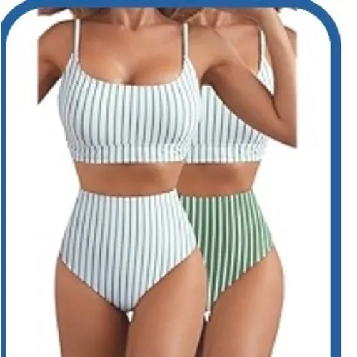 Womens Reversible Green White Vertical Stripe‎ High Waisted Bikini Set Size S - Image 2