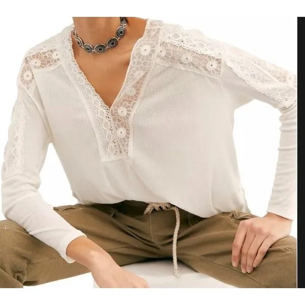 Free People Angel Food Cream Lace boho top blouse size Medium M Coachella - Image 3