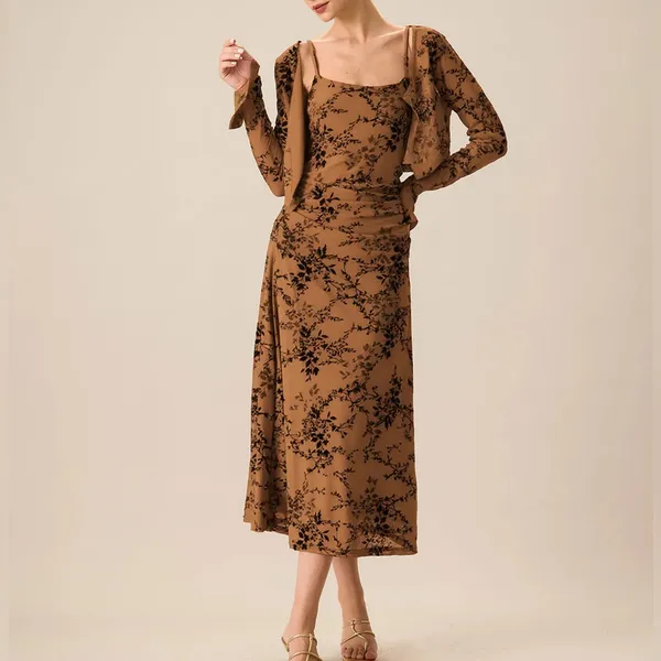 Rihoas Brown Floral Two-piece Midi Dress - Image 3