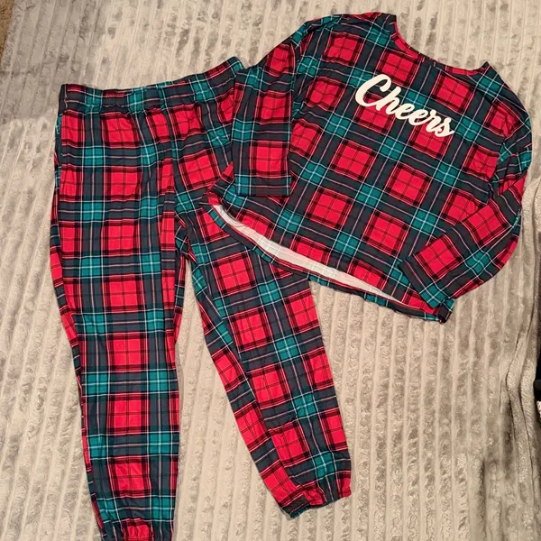 Joyspun‎ Womens Holiday Plaid Pajama Set Cheers Red Green L 12-14 JS4395051SA - Image 2