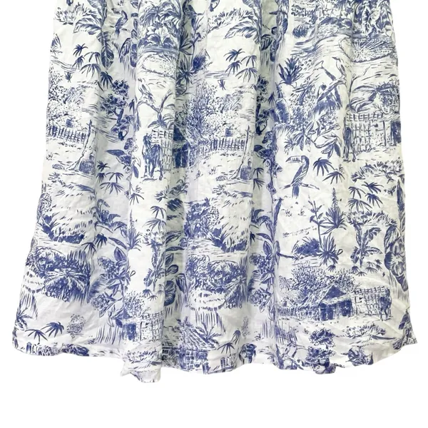 Joie 100% Linen Blue White Tropical Toile Midi Skirt Elastic Waist Size Large - Image 5