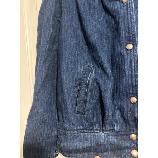 Denim Jacket Puff Sleeve Dark Wash Blue Smocked Back Mock‎ Neck Vintage Style - Image 4