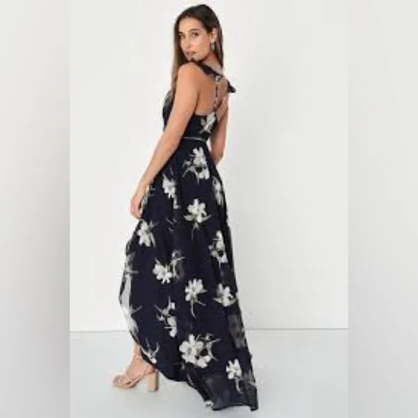 Lulu’s All Mine Navy Blue Floral Print High-Low Wrap Dress - Image 2