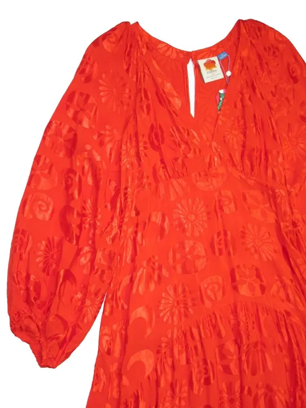 NWT Anthropologie x FARM Rio Red Satin Long-Sleeve V-Neck Jacquard Maxi Dress M - Image 8
