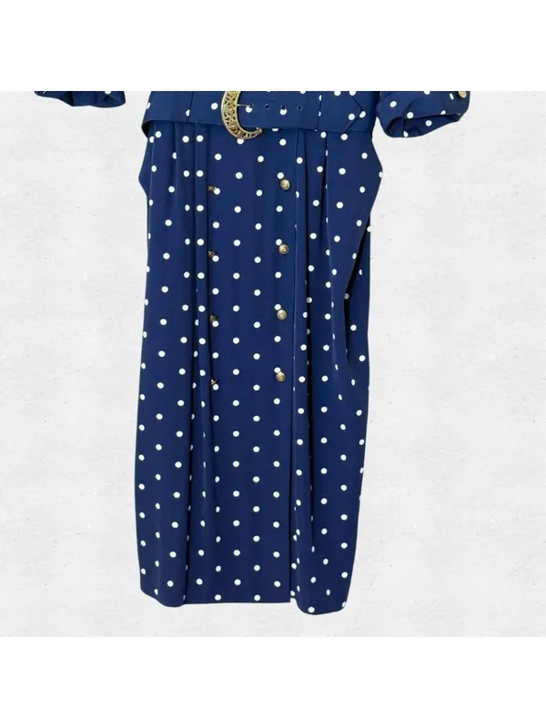 Vintage 80s Katie MFG Navy Blue White Polka Dot Midi Dress Size 16 Rockabilly - Image 8